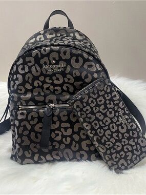 Kate Spade ♠️ New York glitter Leopard Print Chelsea backpack & large wallet set